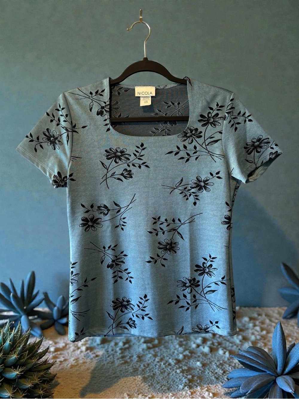 NICOLA Blue with Black Floral Print Short Sleeve Top